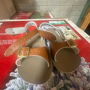 Brown and Tan Sandals with Gold Buckles